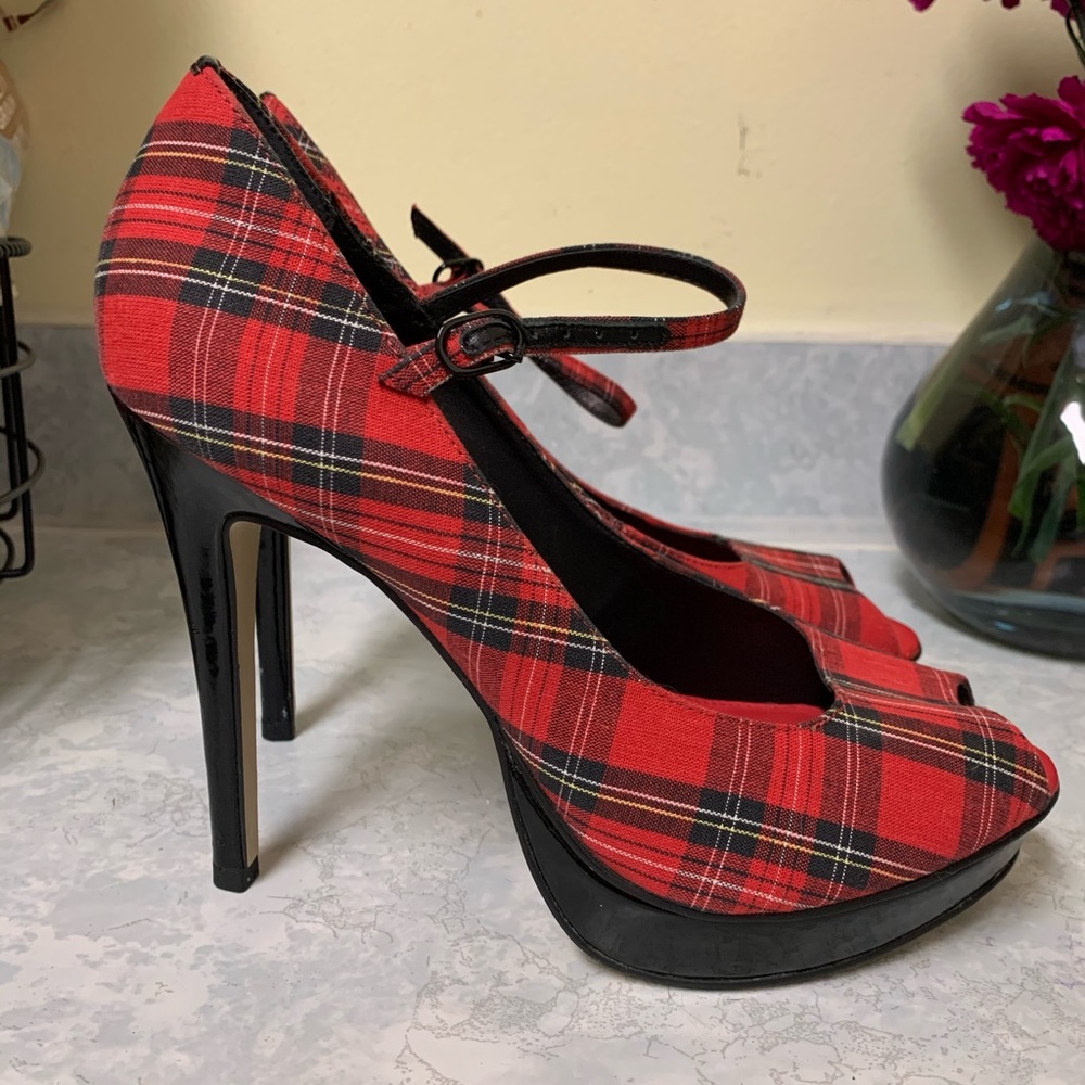 Office London Red Plaid Heels